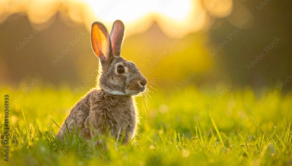 Obraz premium Brown rabbit with large ears sitting in lush green grass at sunrise