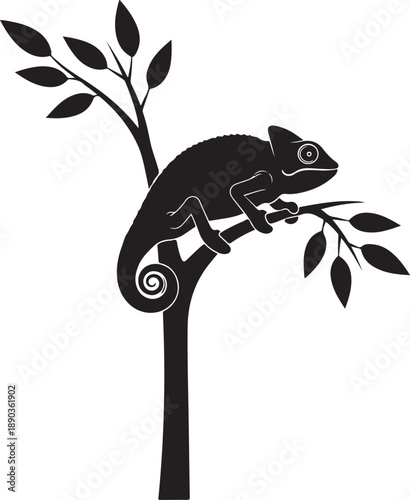 Black silhouette of a chameleon on a tree branch with leaves black and white reptile animal d