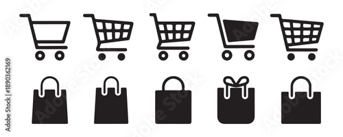 Bold black shopping cart and gift bag icons collection for retail business branding and web graphics