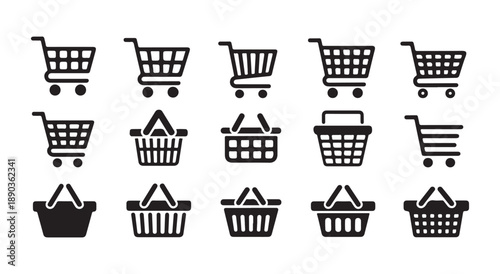 Shopping cart and basket icons set. collection of flat line style shopping and commerce symbols