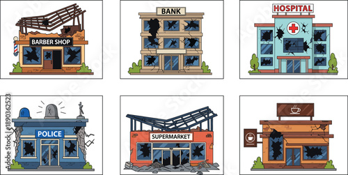Damaged city buildings vector set with broken windows bank, hospital, police station, supermarket and shop illustration