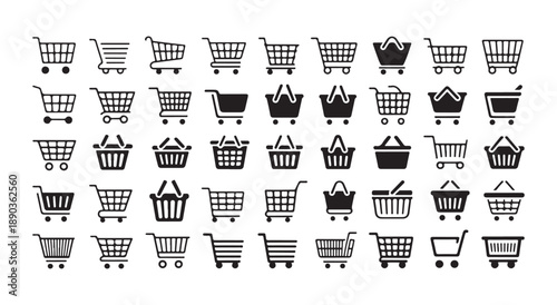 Large shopping cart and basket icon set. diverse symbols for retail and online commerce