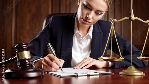 Wallpaper Mural Female lawyer in black suit writing legal documents with pen at desk with gavel and scales of justice. For law firm marketing, legal services, attorney recruitment & professional justice visuals. Torontodigital.ca