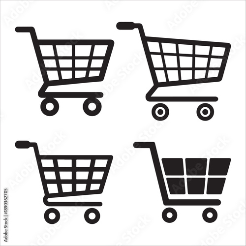 Four different shopping cart icons featuring various grid patterns and handle styles for commerce use