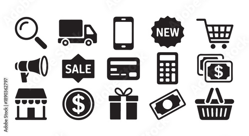 Set of e-commerce line icons, shopping signs such as shopping cart, delivery truck, mobile