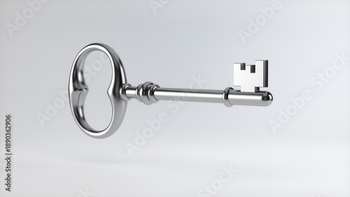 Fotografie 3D render of a chrome, old-fashioned skeleton key levitating against a soft grey-white backdrop; reflective metal, clean and minimal composition