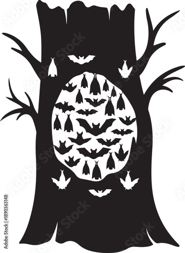 Black silhouette of a gnarled tree trunk filled with bats