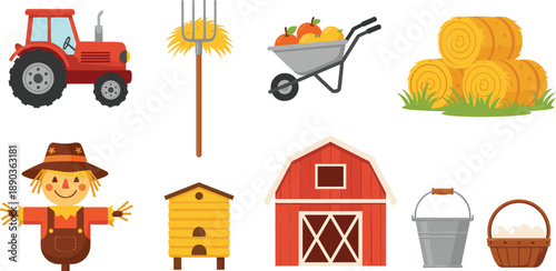 Farm equipment and countryside elements vector set with tractor, barn, hay bales, scarecrow and tools illustration