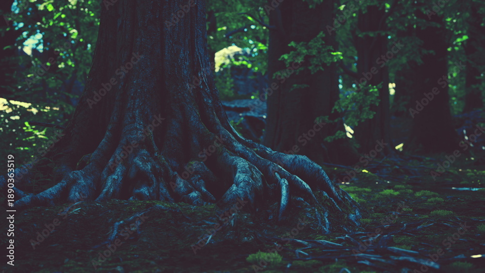 Fototapeta premium A close view reveals the intricate roots of an ancient tree, twisted and gnarled, as twilight settles over the quiet forest. Green foliage surrounds, adding to the tranquil atmosphere.
