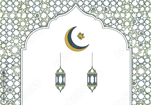 Vector flat design illustration of a crescent moon and star above two hanging lanterns, set within an ornate archway with intricate green and white patterns.