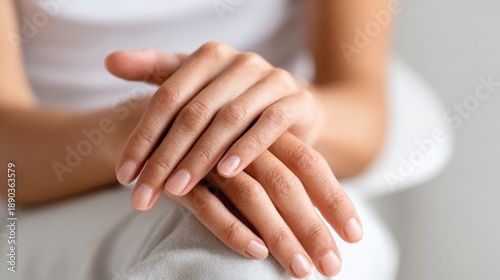 Wallpaper Mural Womans folded hands on her knees in calm indoor setting. Minimalist detail representing anxiety, emotional struggle and domestic abuse awareness and healing Torontodigital.ca