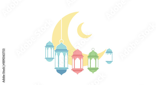 A crescent moon and hanging lanterns create a festive Ramadan scene.