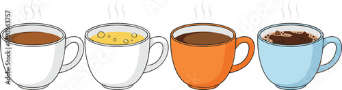 Hot coffee and tea cup set vector illustration with steaming mugs in different colors isolated design