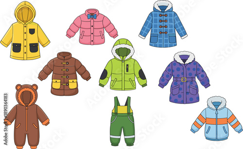 Kids winter clothing vector set with warm jackets, coats, overalls and snowsuit outfits in colorful cartoon style
