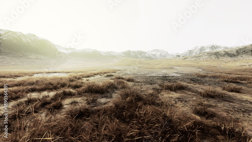 Fotografi Golden light bathes the vast landscape, revealing distant misty mountains and sprawling grasslands