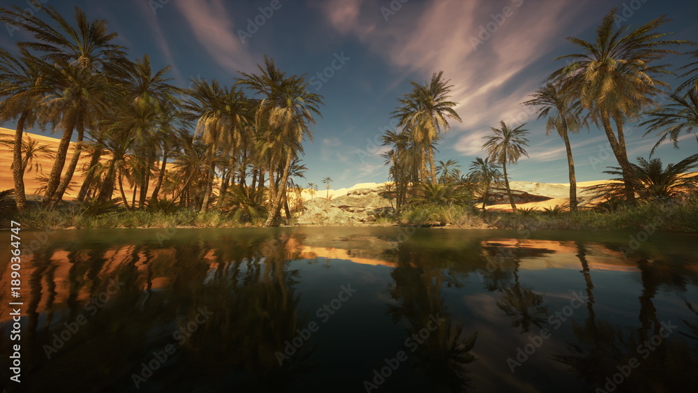 Obraz premium A tranquil oasis located in a desert, surrounded by lush palm trees. The setting sun creates a warm glow on the waters surface, enhancing the peaceful atmosphere.