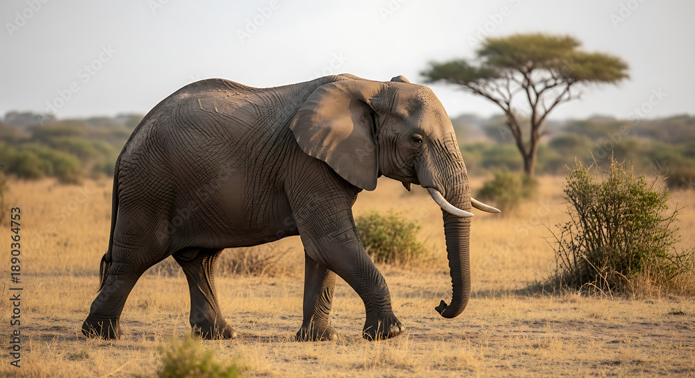 Fototapeta premium An elephant walks through dry grassland with trees in the background via RJ Whisk Auto