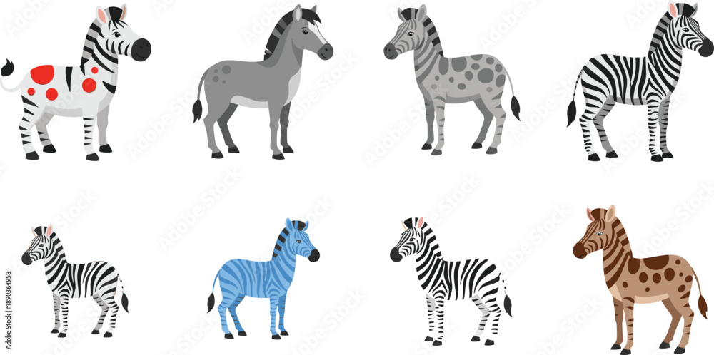 Obraz premium Zebra cartoon illustration set. Cute safari zebras with different colors and patterns. Wildlife animal characters collection, isolated vector design for kids and education.
