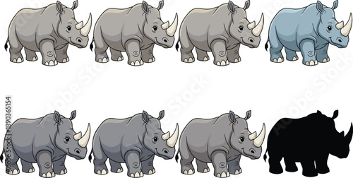 Rhinoceros cartoon vector set. Cute baby rhino in multiple colors, poses and silhouette style. Perfect for kids illustration, stickers, nursery art and educational designs.