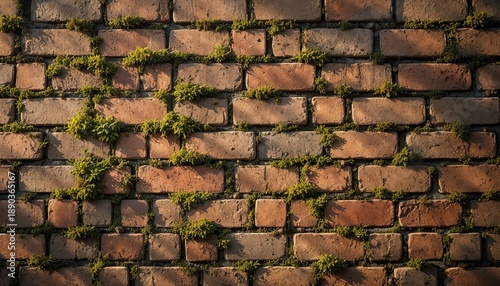 Weathered brick wall with lush green moss growing through cracks