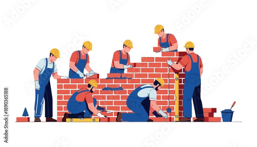A group of construction workers building a brick wall together
