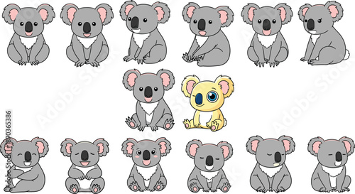 Koala cartoon character vector set. Cute baby koalas in multiple sitting poses and expressions. Kawaii nursery animal illustration, isolated on white background.