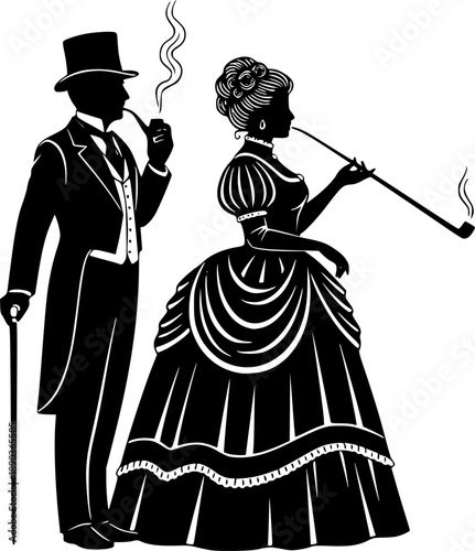 Victorian Silhouette Couple Vector Illustration of Elegant Man and Woman