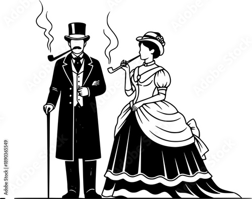 Victorian Silhouette Couple Vector Illustration of Elegant Man and Woman