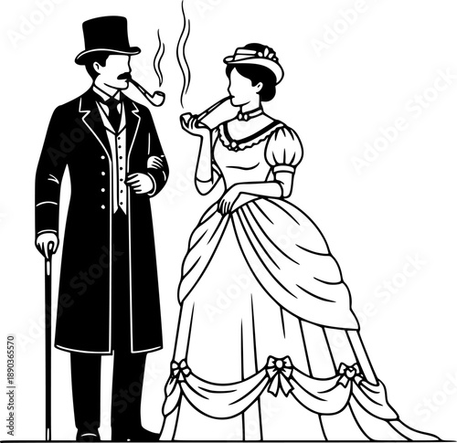Victorian Silhouette Couple Vector Illustration of Elegant Man and Woman
