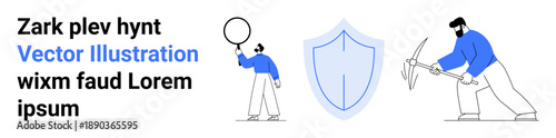 Person examining element with magnifying glass, shield icon for protection, man holding tool for analysis. Ideal for security, analysis, technology, exploration, research, data simple landing page