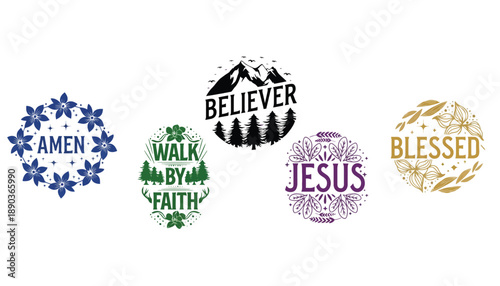 A collection of inspirational Christian symbols and logos on a white background