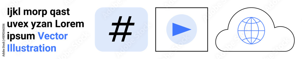 Fototapeta premium metadata tag, play button, and cloud with globe outline. Ideal for social media, digital marketing, online content, networking, streaming, cloud technology simple landing page