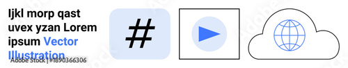 metadata tag, play button, and cloud with globe outline. Ideal for social media, digital marketing, online content, networking, streaming, cloud technology simple landing page