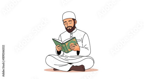A man wearing traditional clothing reads a book while sitting cross-legged.