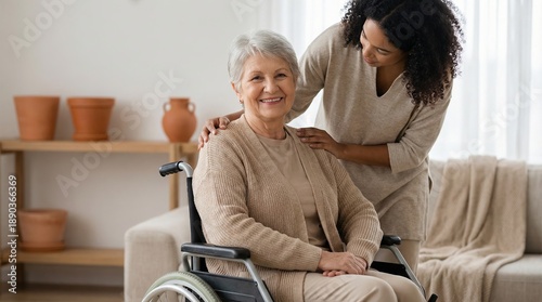 Elderly woman sitting wheelchair with caregiver support at home interior