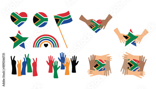 A vibrant illustration of South African flags and diverse hands in unity