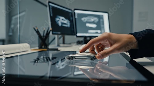 Wallpaper Mural Designer Interacting with Futuristic Touchscreen Interface for Car Design. Torontodigital.ca