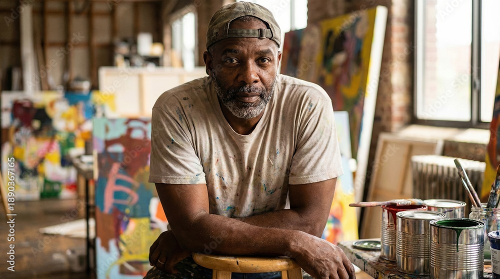 Obraz premium Painter sitting in studio surrounded by art supplies and colorful paintings