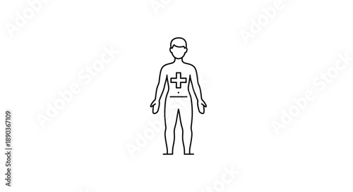 Simple medical illustration of a human body outline with a cross symbol on the chest area, representing health and well-being