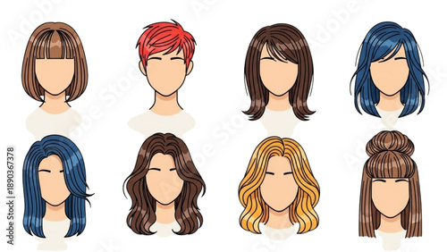 Collection of diverse female hairstyles and colors illustrated in a grid format on a neutral background from a frontal viewpoint