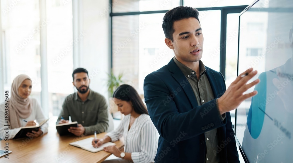 Fototapeta premium Man presenting data charts to coworkers in modern office meeting room