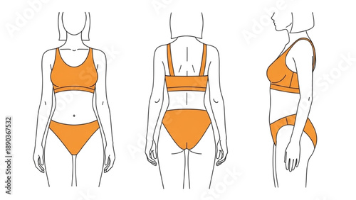 Illustration of a woman wearing an orange bikini from multiple viewpoints showcasing the outfit's design and style