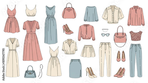 Fashionable outfits and accessories displayed together in a stylish layout