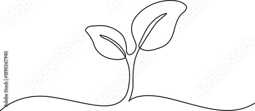 Minimalist line drawing of a young plant sprout with two leaves