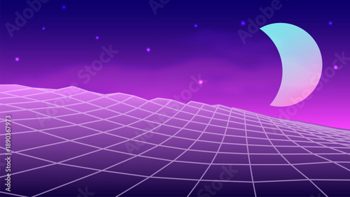 Abstract perspective background in retro style. 3D wireframe vector mesh against a sunny backdrop.