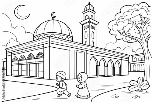 Mosque courtyard with children playing, Ramadan theme, simple line art, black and white coloring page, clean outlines