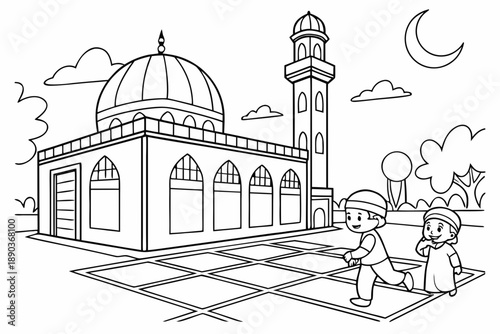 Mosque courtyard with children playing, Ramadan theme, simple line art, black and white coloring page, clean outlines