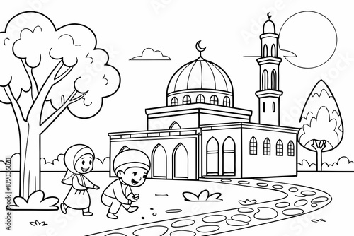 Mosque courtyard with children playing, Ramadan theme, simple line art, black and white coloring page, clean outlines