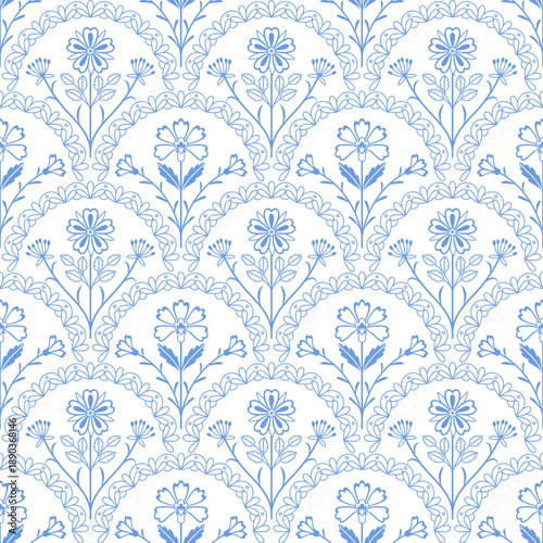 Seamless blue floral line pattern with decorative flowers and branches on white background.