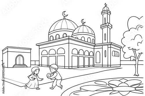 Mosque courtyard with children playing, Ramadan theme, simple line art, black and white coloring page, clean outlines